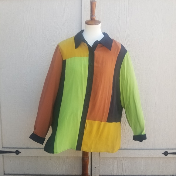 Bob Mackie Silk Colorblock Pattern Blouse 1X - Picture 2 of 6